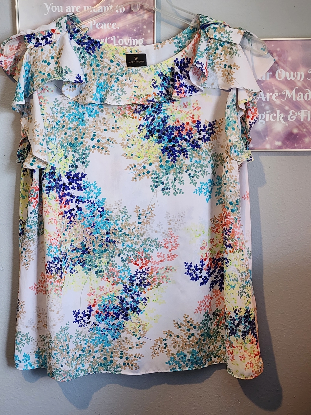 Worthington Pastel Floral Ruffle Blouse - White Multi